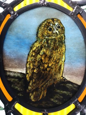 Victorian style stained glass panel with owl.