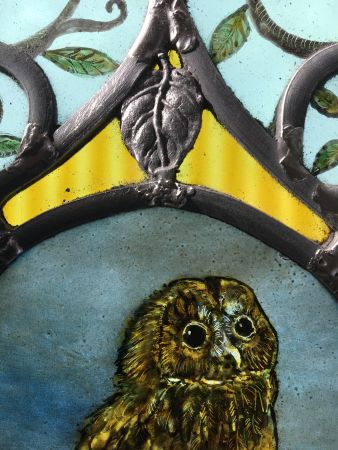 Victorian style stained glass panel with owl.