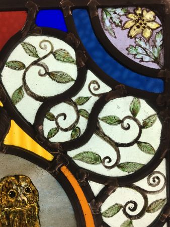 Victorian style stained glass panel with owl.