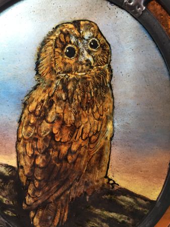 Victorian style stained glass panel with owl.