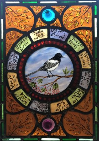 Magpie stained glass panel